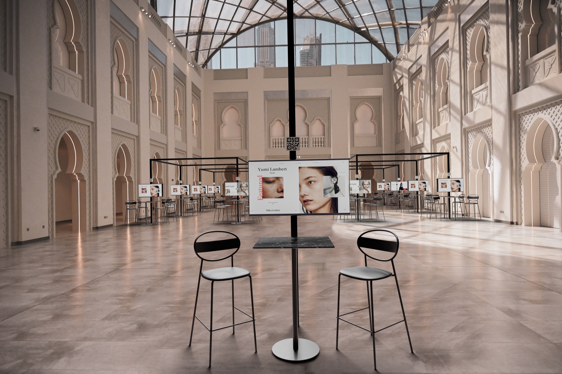 Arena spot with one TV, two bar stools and one round bar table